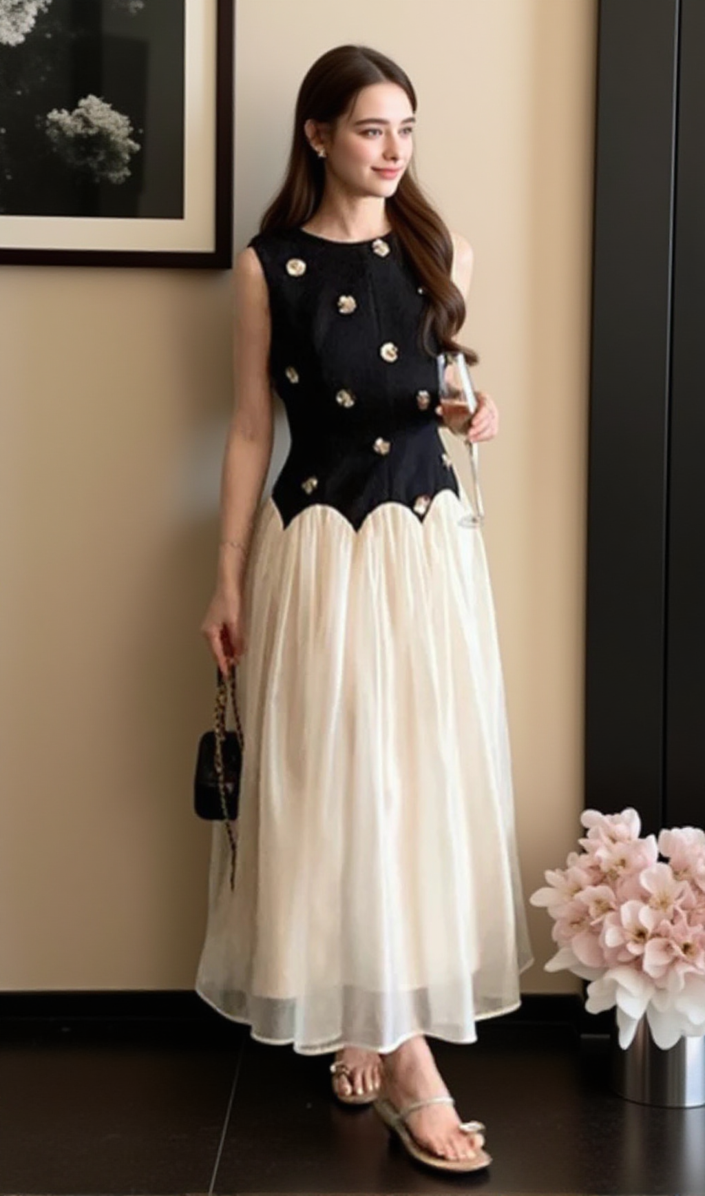 STEREOSCOPIC FLOWER SLEEVELESS MESH MIDI DRESS