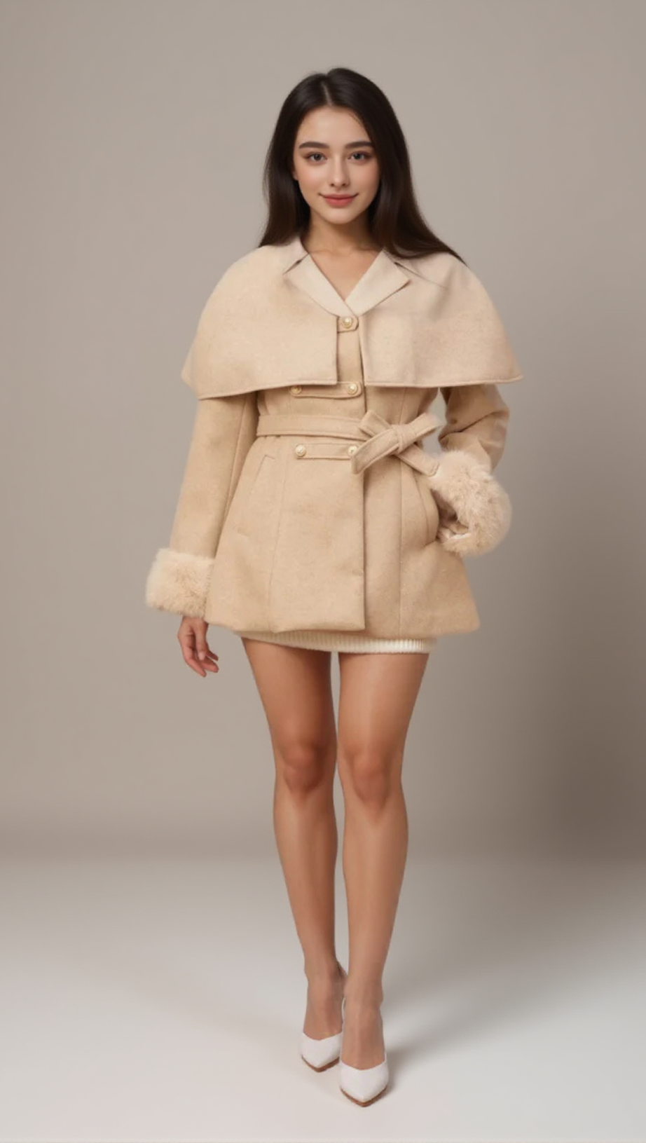 ROSELLA DETACHABLE-CAPE FAUX-FUR COAT