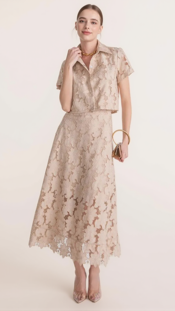 AIIZIE GUIPURE MESH MIDI SKIRT CROPPED SET IN APRICOT - product image