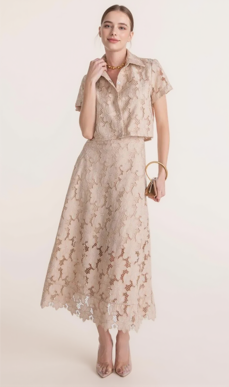 guipure mesh midi skirt cropped set in apricot