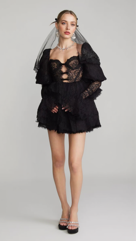 PUFF SLEEVE LACE MINI DRESS IN BLACK