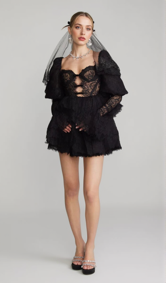 PUFF SLEEVE LACE MINI DRESS IN BLACK