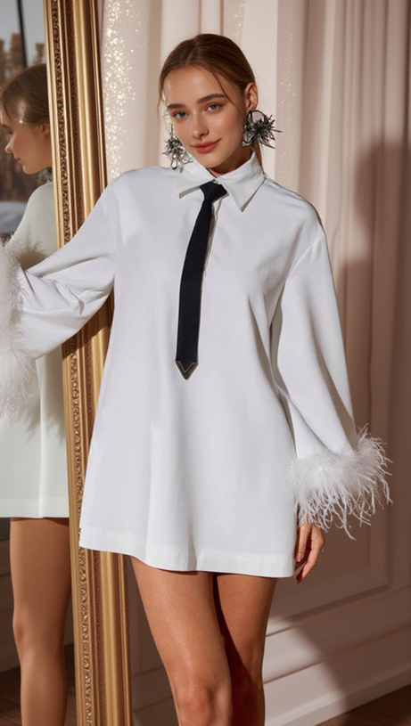 FINIA FEATHER-TRIMMED MINI SHIRT DRESS WITH TIE