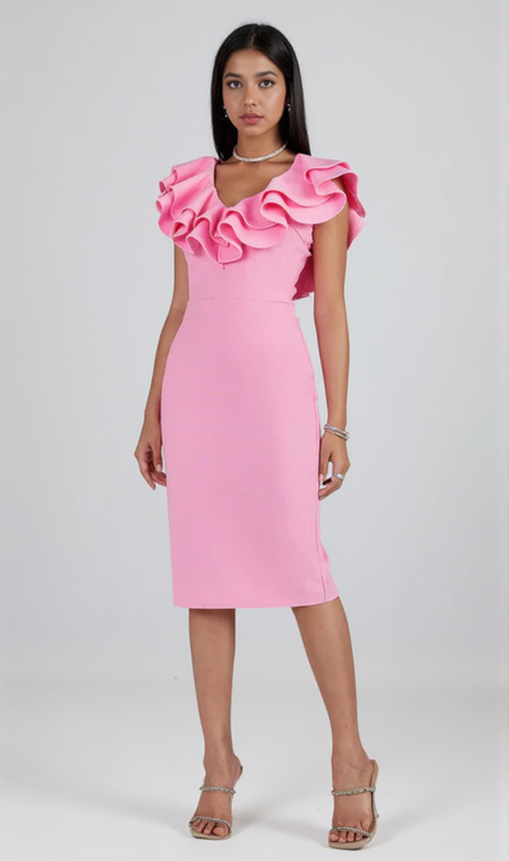 PLEATED RUFFLE BANDAGE MIDI DRESS IN PINK