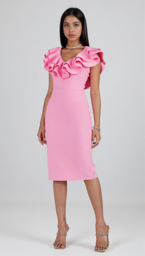 PLEATED RUFFLE BANDAGE MIDI DRESS IN PINK