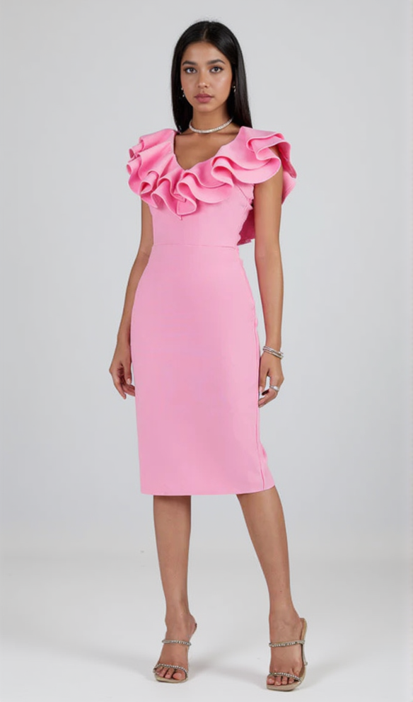 PLEATED RUFFLE BANDAGE MIDI DRESS IN PINK