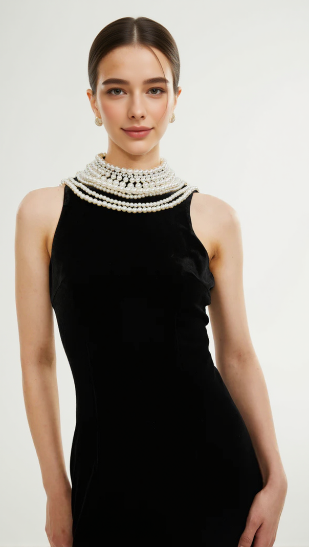 AIIZIE VELVET FAUX PEARL SLEEVELESS MIDI DRESS - product image