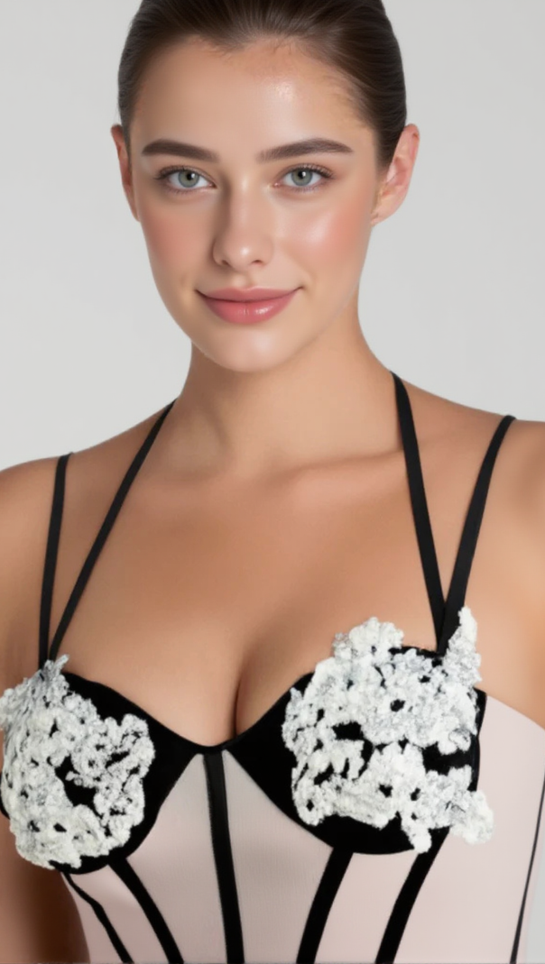 AIIZIE BEULAH BLACK SATIN CORSET SEQUIN WING CUP DRESS - product image