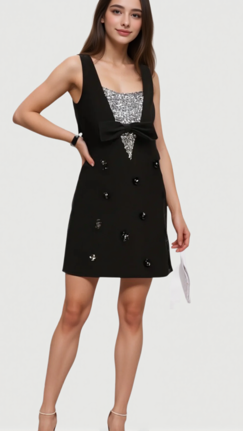 AVIVA BLACK 3D-PETAL SEQUINED MINI DRESS