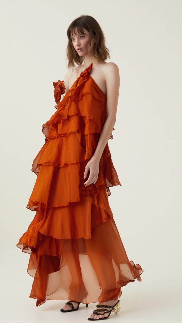 AIIZIE CARRIE ORANGE HALTERNECK FLOUNCED MAXI DRESS - product image