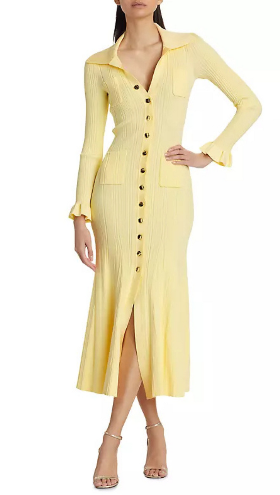 RIB-KNIT FLUTED MIDI SHIRT DRESS IN YELLOW