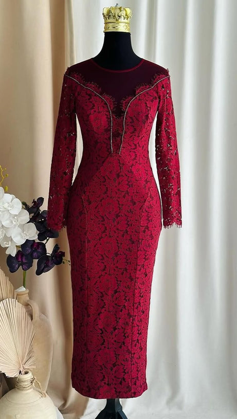 LACE HOLLOW MAXI DRESS IN RED