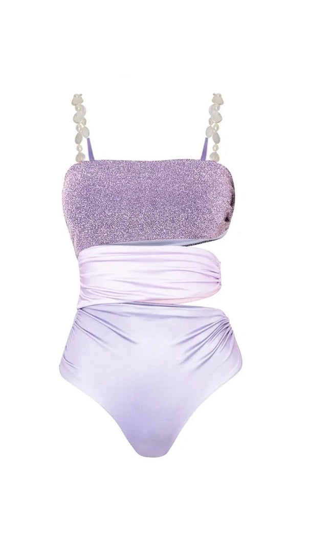 AIIZIE PEARL STRAP CUTOUT SHINY TEXTURE ONE PIECE SWIMSUIT AND SKIRT - product image