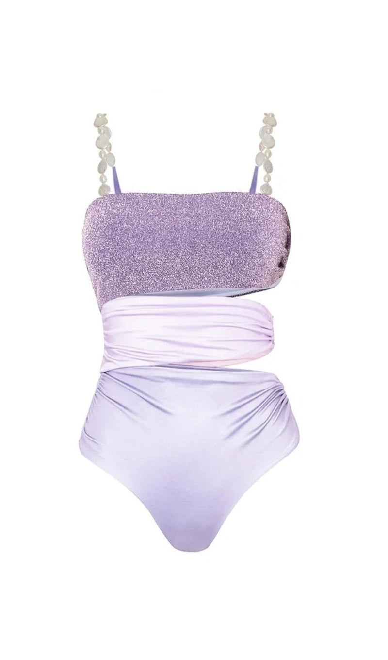 PEARL STRAP CUTOUT SHINY TEXTURE ONE PIECE SWIMSUIT AND SKIRT