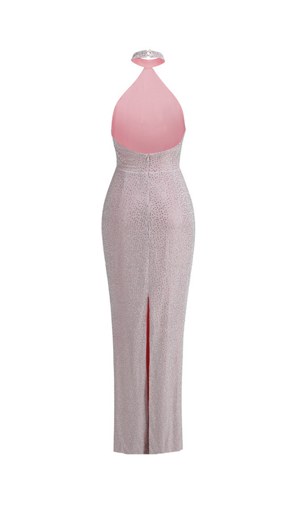 AIIZIE HALTER BACKLESS CRYSTAL EMBELLISHED MAXI DRESS IN PINK - product image