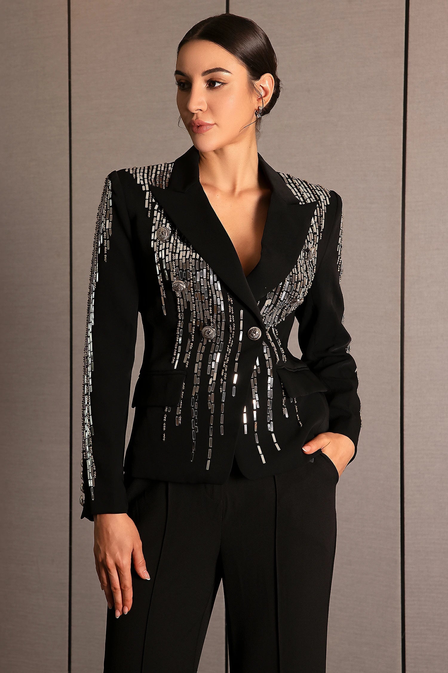 FAIDRA RHINESTONE DOUBLE BREASTED LAPEL BLAZER