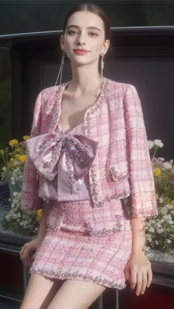 AIIZIE BOW RHINESTONE THREE-PIECE SET IN PINK - product image