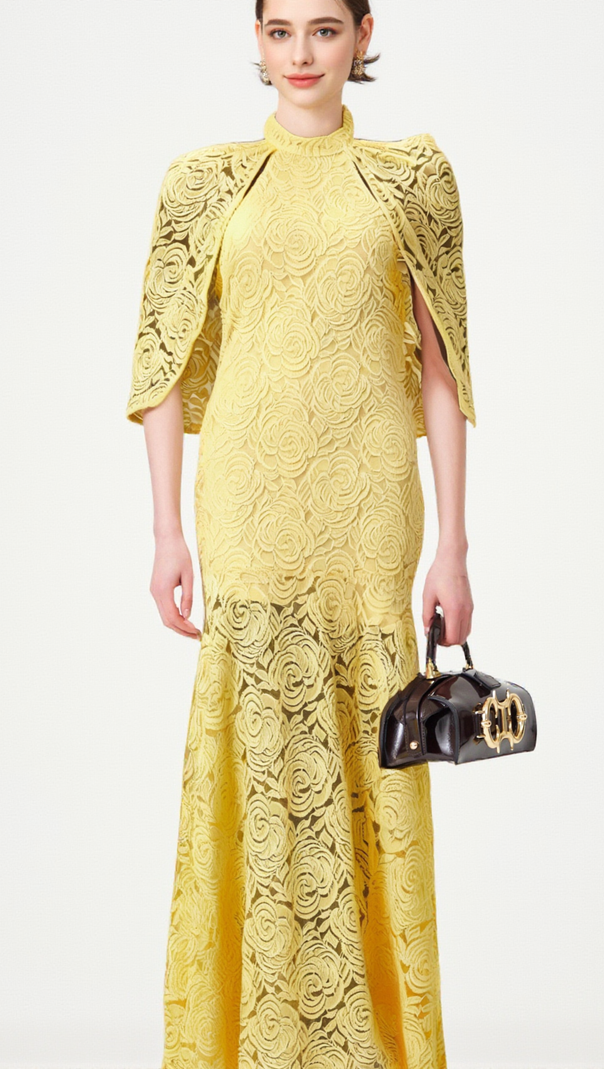 AIIZIE URSULA YELLOW CAPE-DESIGN CHANTILLY-LACE MAXI DRESS - product image