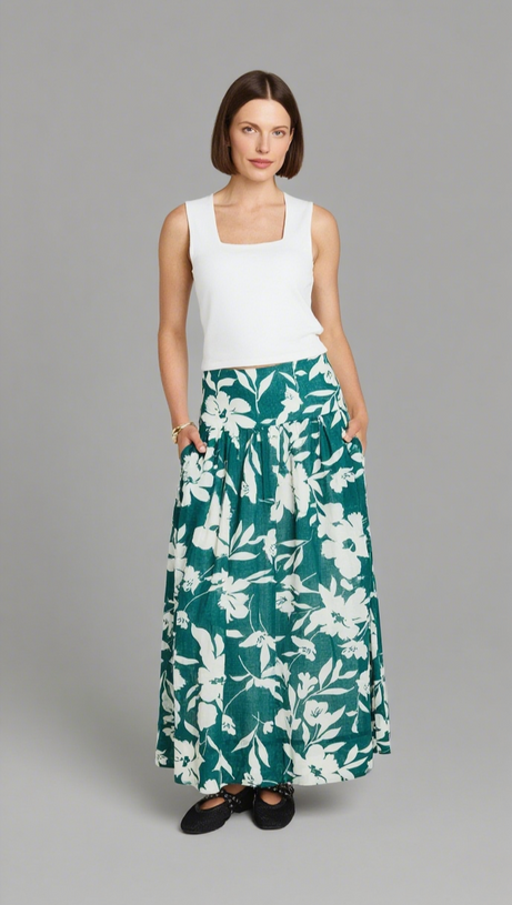 AFFINITY FOREST FLORAL SHIRRED BACK TIERED MAXI SKIRT