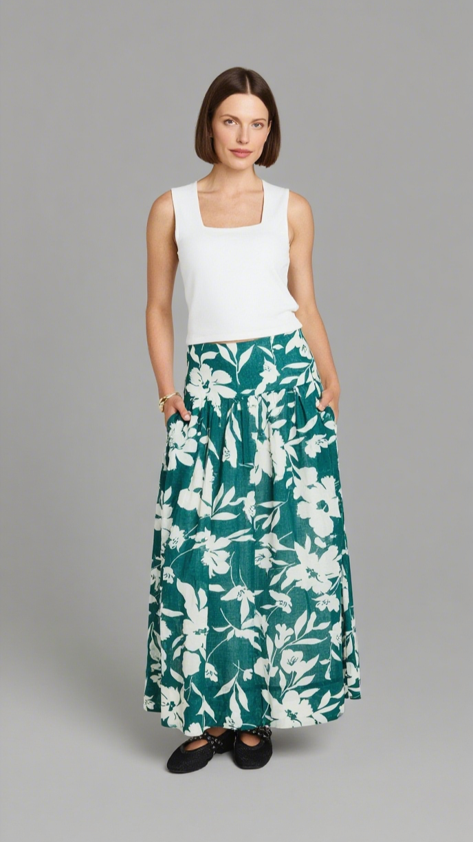 AFFINITY FOREST FLORAL SHIRRED BACK TIERED MAXI SKIRT