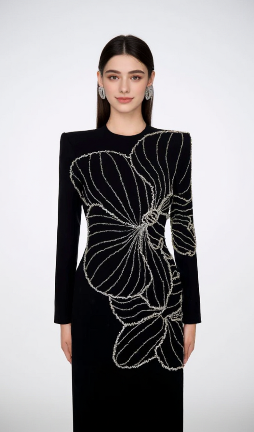 RAELYNN BODYCON LONG SLEEVE CREPE MAXI DRESS