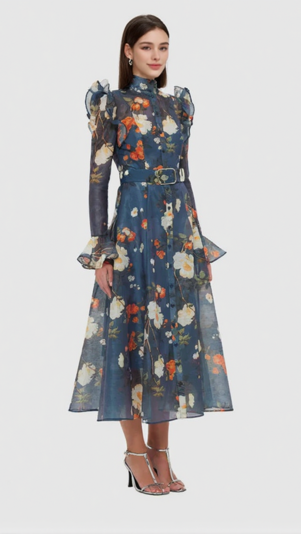 AIIZIE PEAR BLOSSOM PRINT BUTTERFLY SLEEVE MIDI DRESS - product image