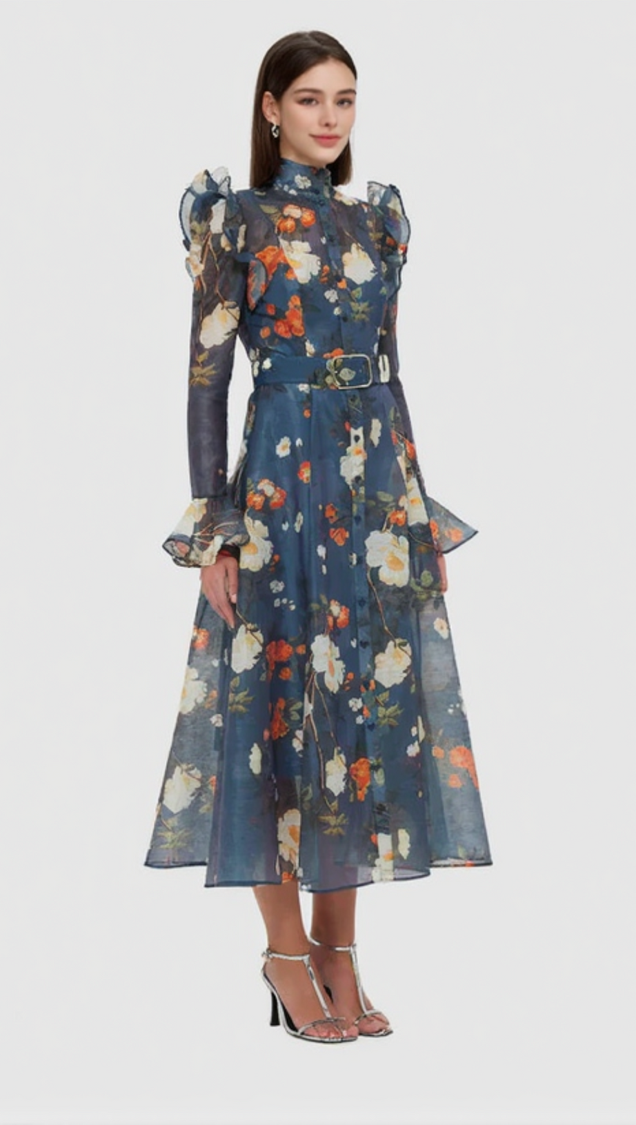 PEAR BLOSSOM PRINT BUTTERFLY SLEEVE MIDI DRESS