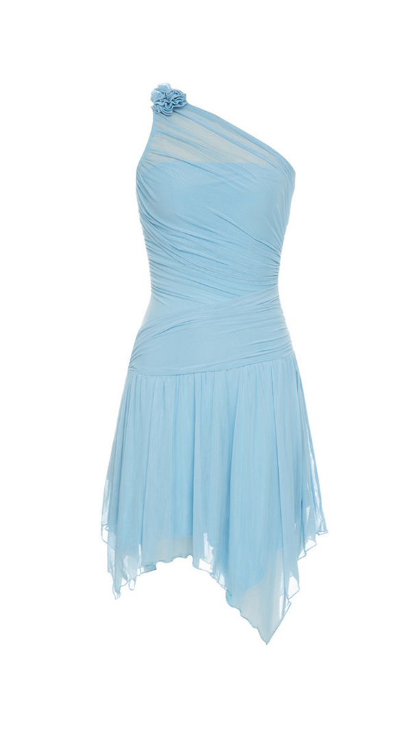 AIIZIE ONE-SHOULDER FLORAL RUCHED MINI DRESS IN BLUE - product image