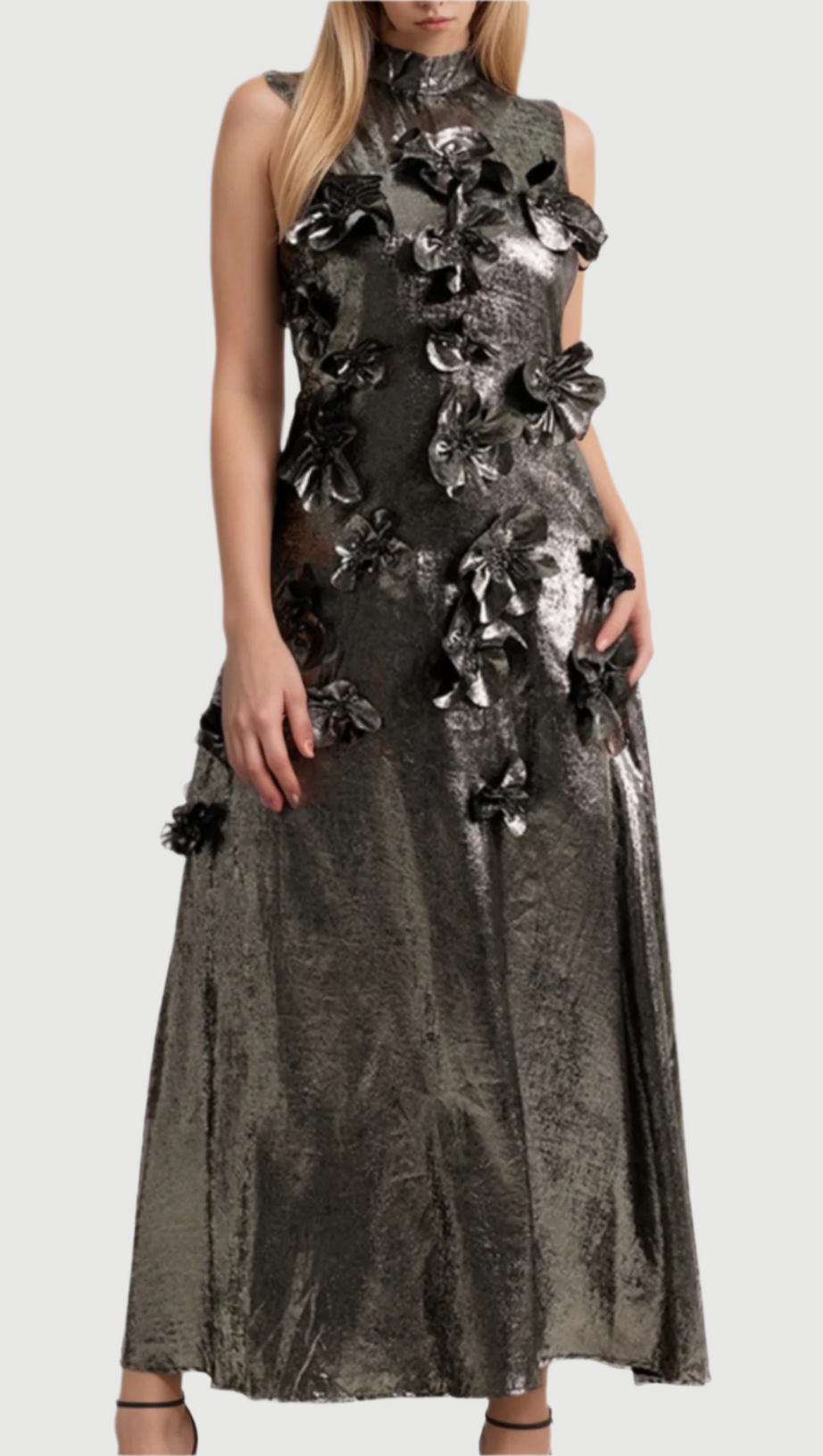 ADITI 3D FLORAL EMBELLISHED MAXI DRESS IN GREY
