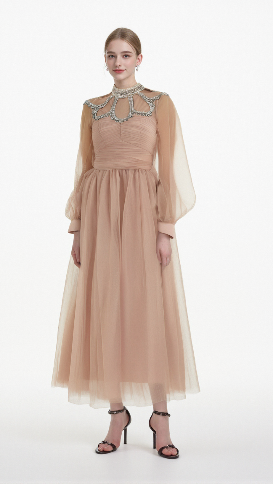 CALIXTE PINK EMBELLISHED TULLE MIDI DRESS