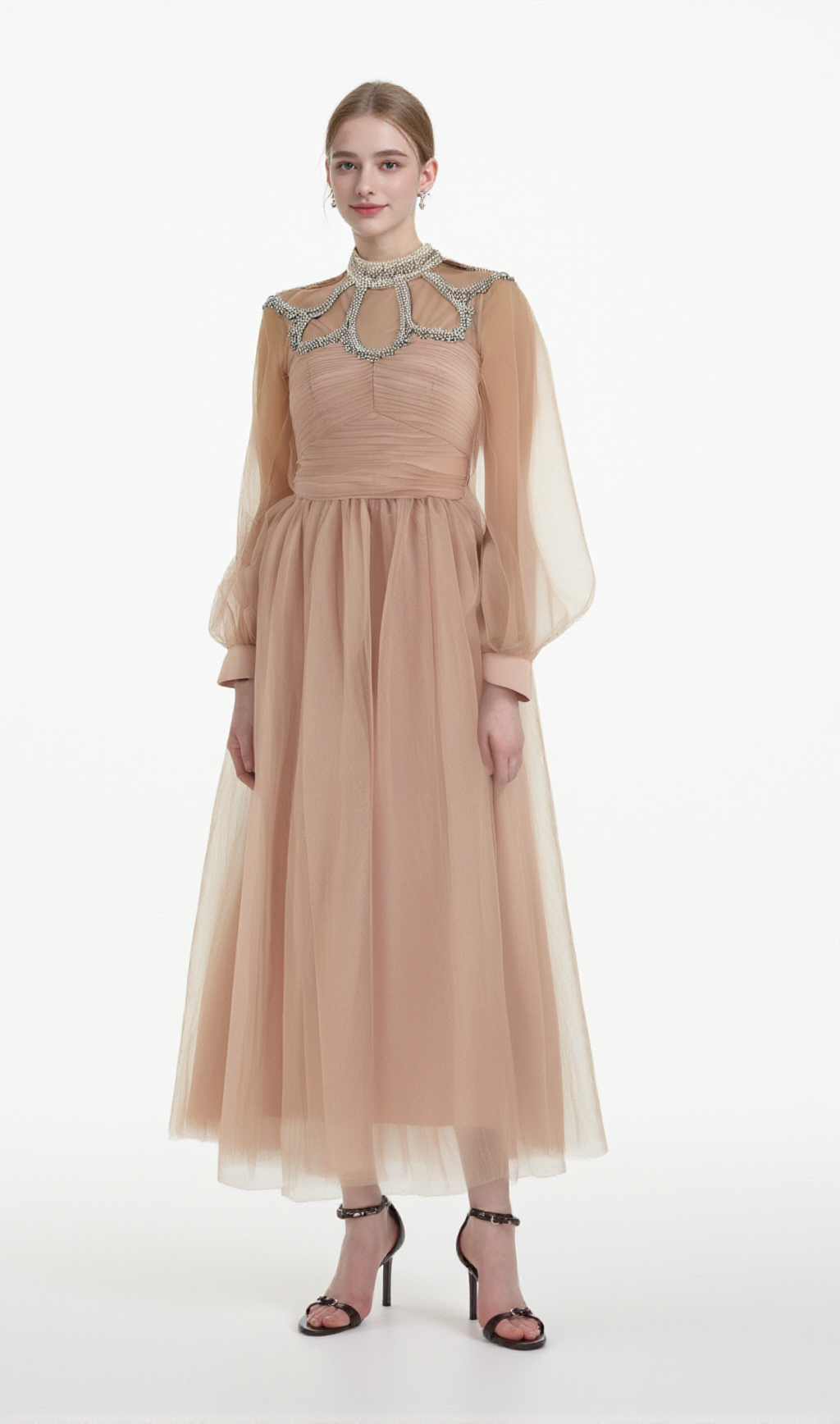 CALIXTE PINK EMBELLISHED TULLE MIDI DRESS
