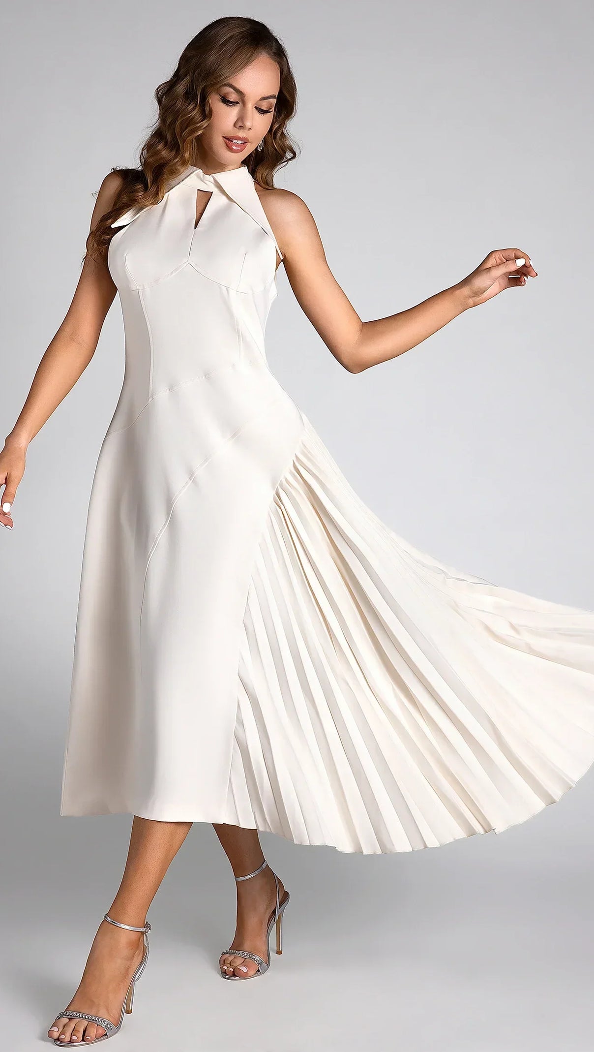 AIIZIE DEBBY WHITE HALTER NECK PLEATED SEMI FORMAL DRESS - product image