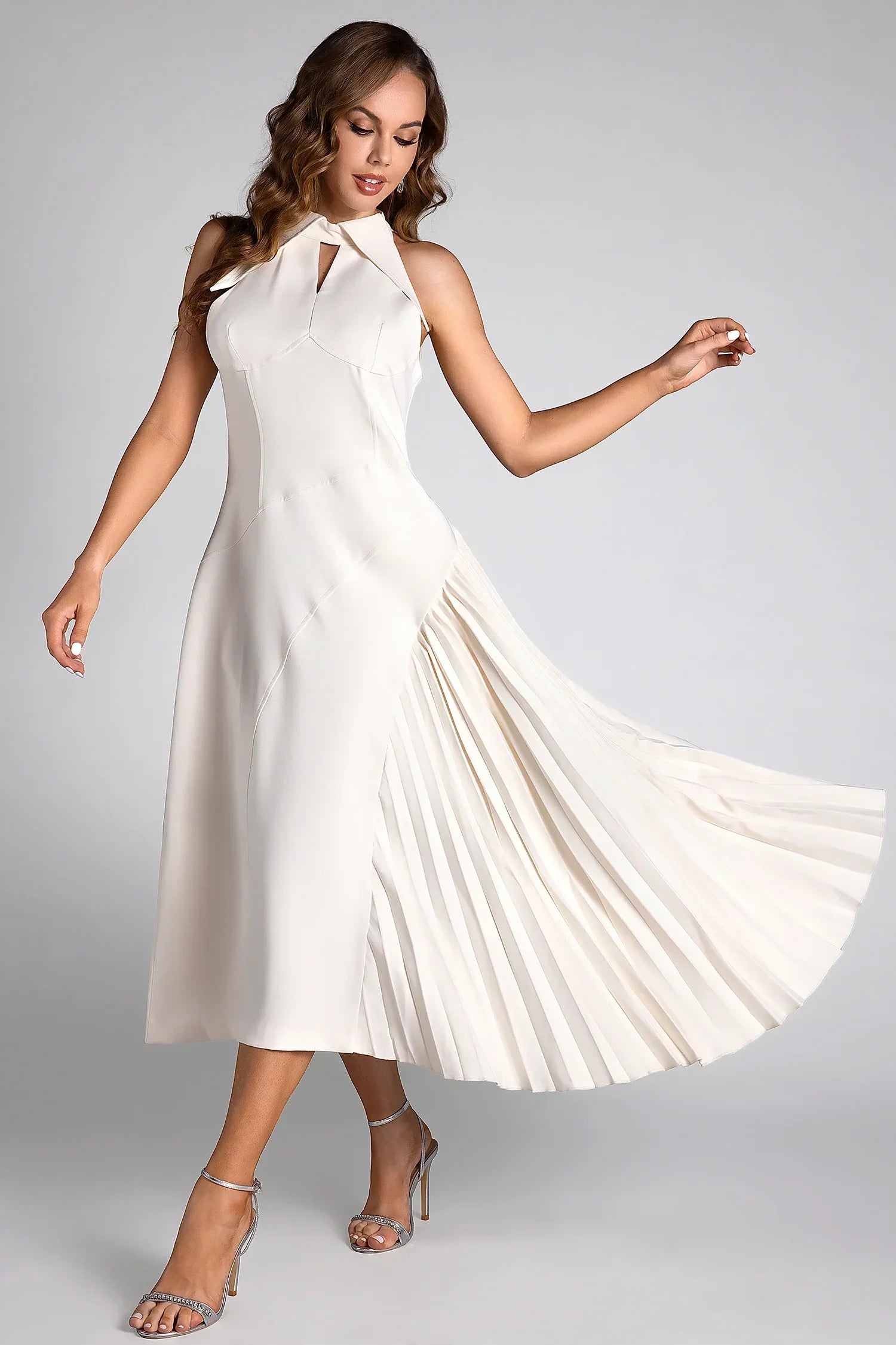 DEBBY WHITE HALTER NECK PLEATED SEMI FORMAL DRESS
