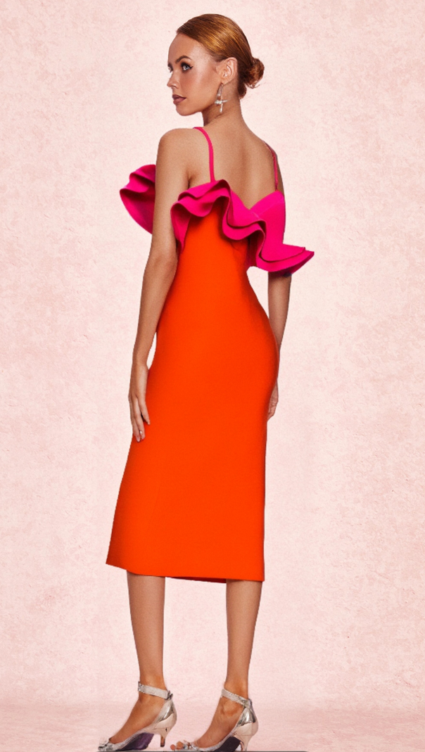 AIIZIE SIMONA ORANGE RUFFLE STRAP BANDAGE MAXI DRESS - product image