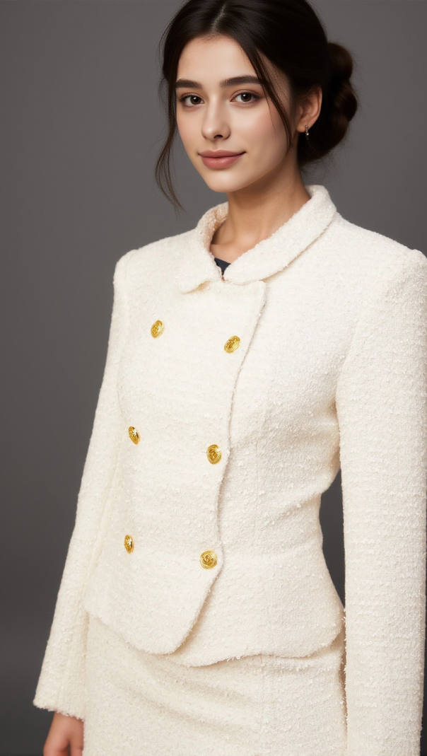 AIIZIE CARLOTTA WHITE DOUBLE-BREASTED TWEED JACKET & SKIRT MATCHING SET - product image