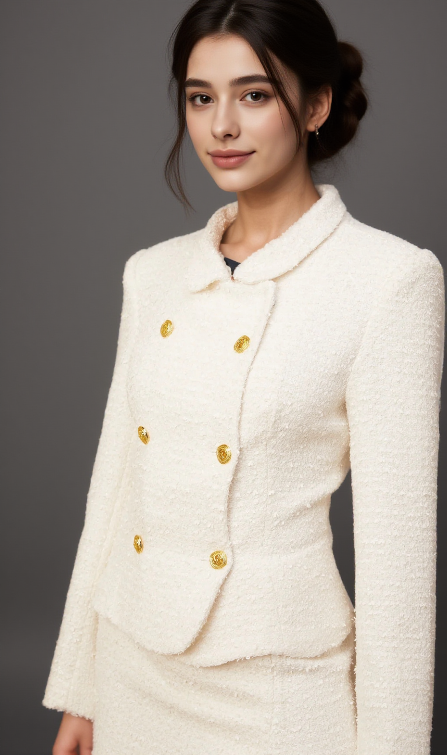 Carlotta – passendes Set aus weißer zweireihiger Tweedjacke und Rock 