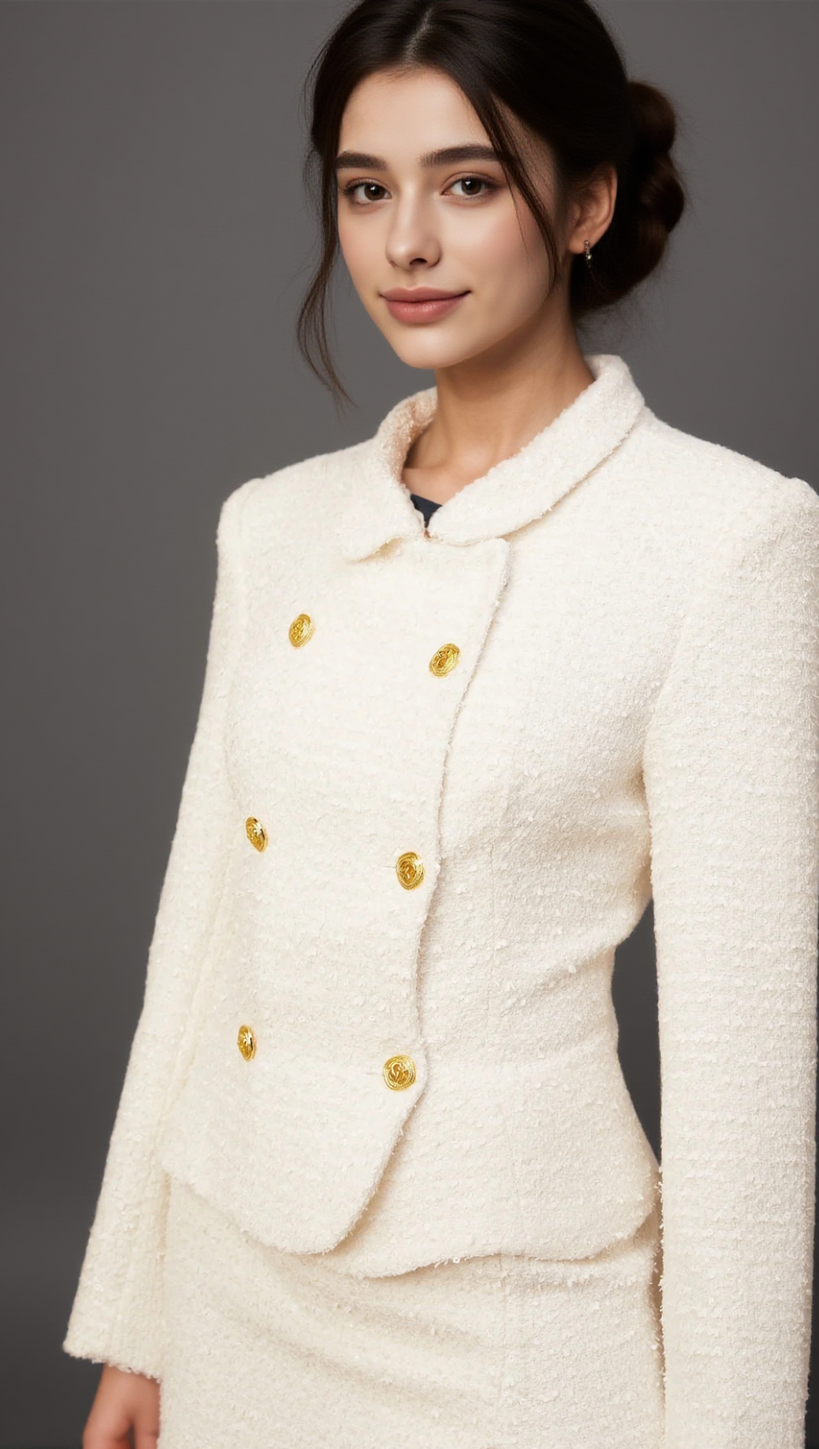 Carlotta – passendes Set aus weißer zweireihiger Tweedjacke und Rock 
