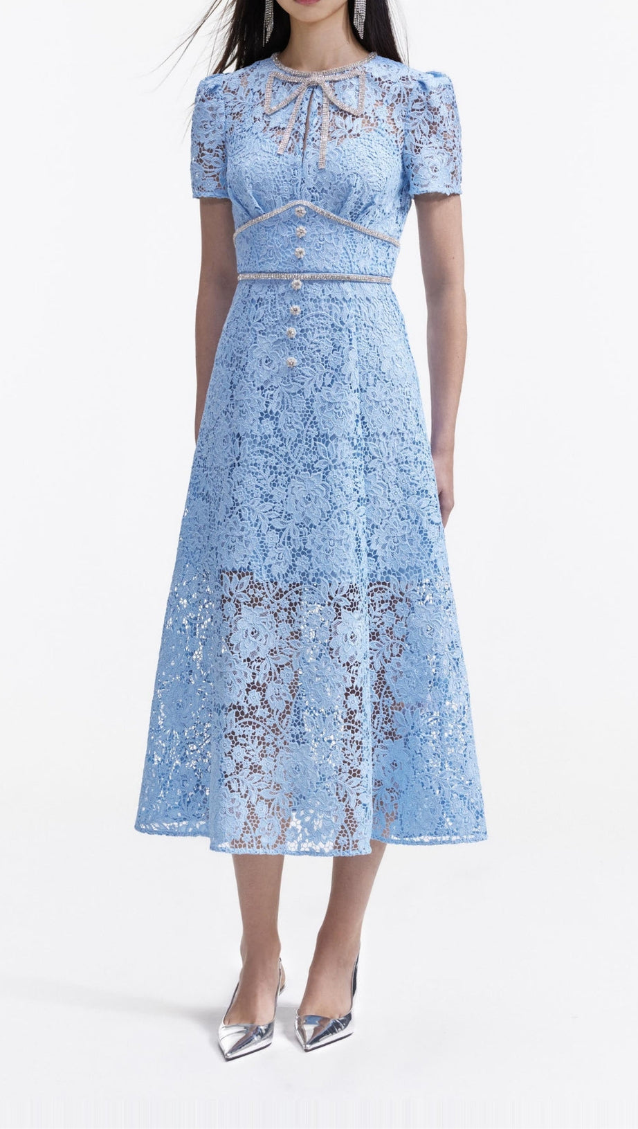 BLUE CORD LACE BOW MIDI DRESS