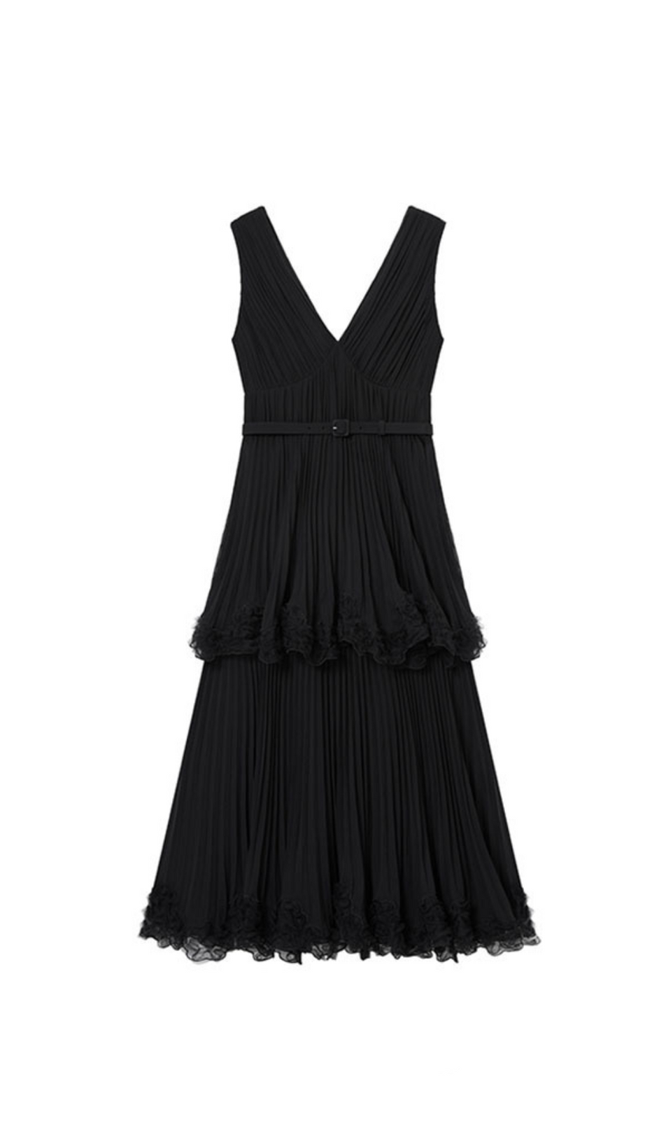 NANCY SLEEVELESS PLEATED TIERED MIDI DRESS IN BLACK