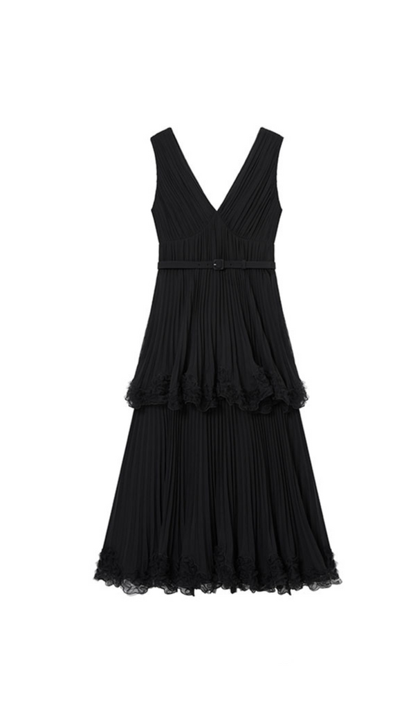 NANCY SLEEVELESS PLEATED TIERED MIDI DRESS IN BLACK