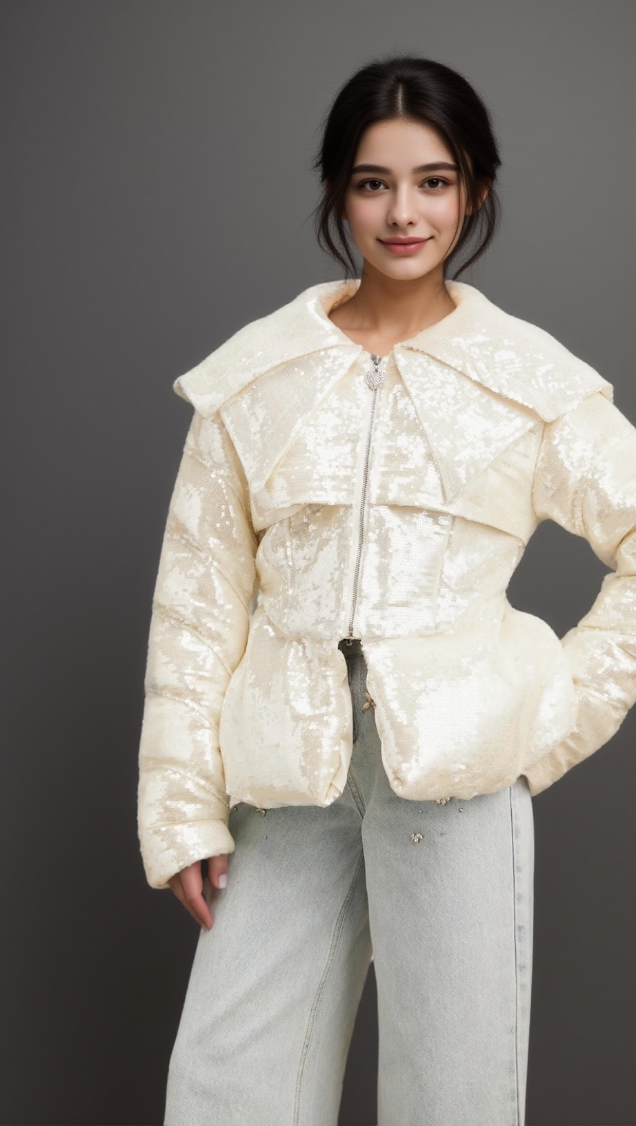 JOSLYN WHITE SEQUINED DOWN COAT