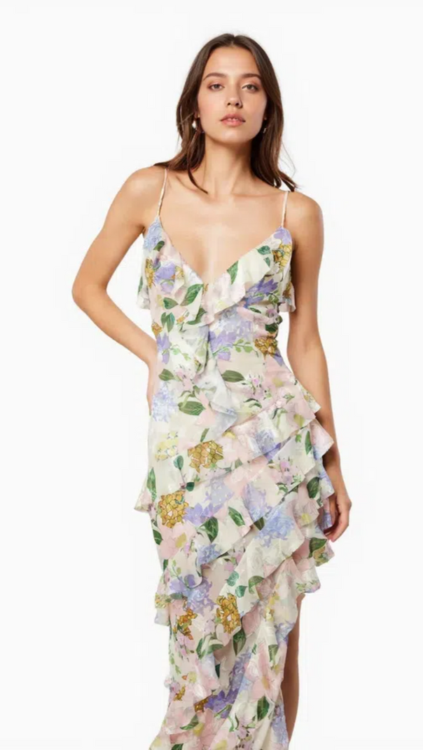 AIIZIE ASYMMETRICAL RUFFLE TRIM PRINT GOWN IN PINK - product image