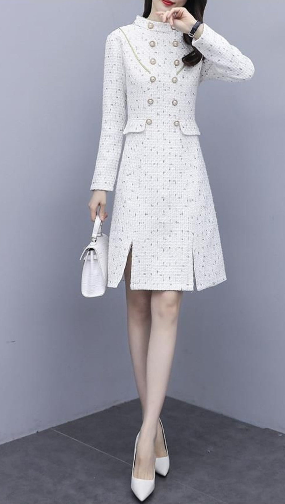 WOOLEN A-LINE MIDI DRESS IN WHITE