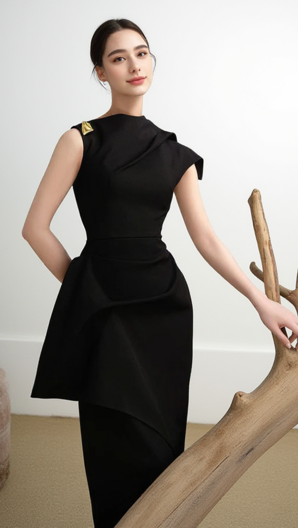 AIIZIE CALLA BLACK ASYMMETRIC FRONT SLIT TWILL MIDI DRESS - product image