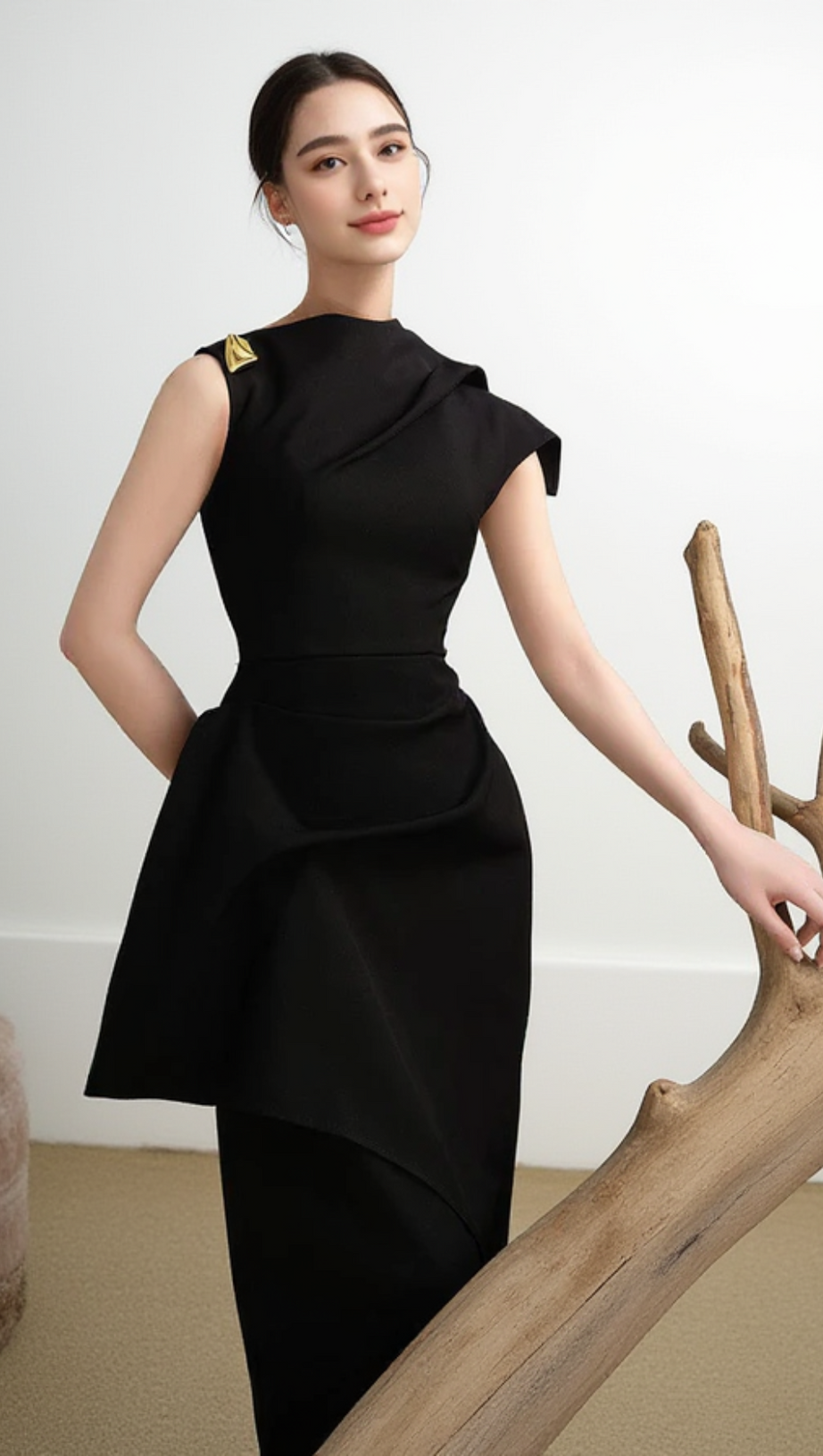 CALLA BLACK ASYMMETRIC FRONT SLIT TWILL MIDI DRESS