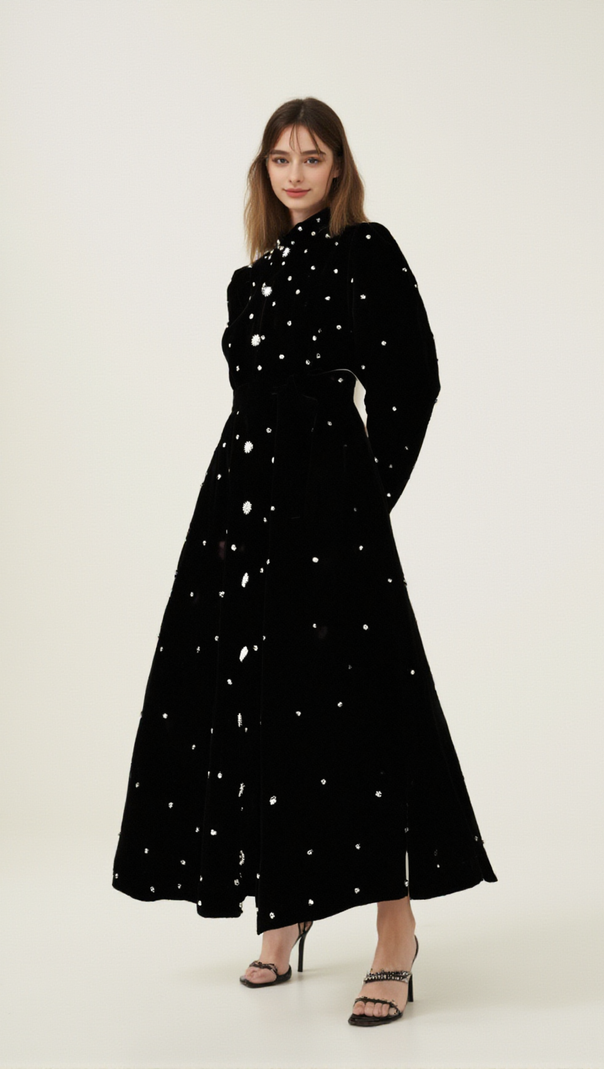 Lola – Schwarzes, verziertes Midikleid aus Samt 