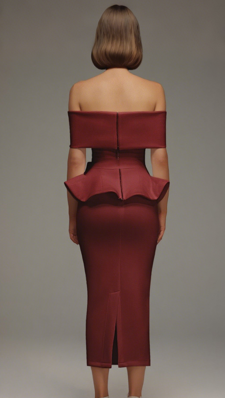 ABITO MIDI ROSSO CON SPALLE SCOPERTE E BORDI VOLANT ELEANORE