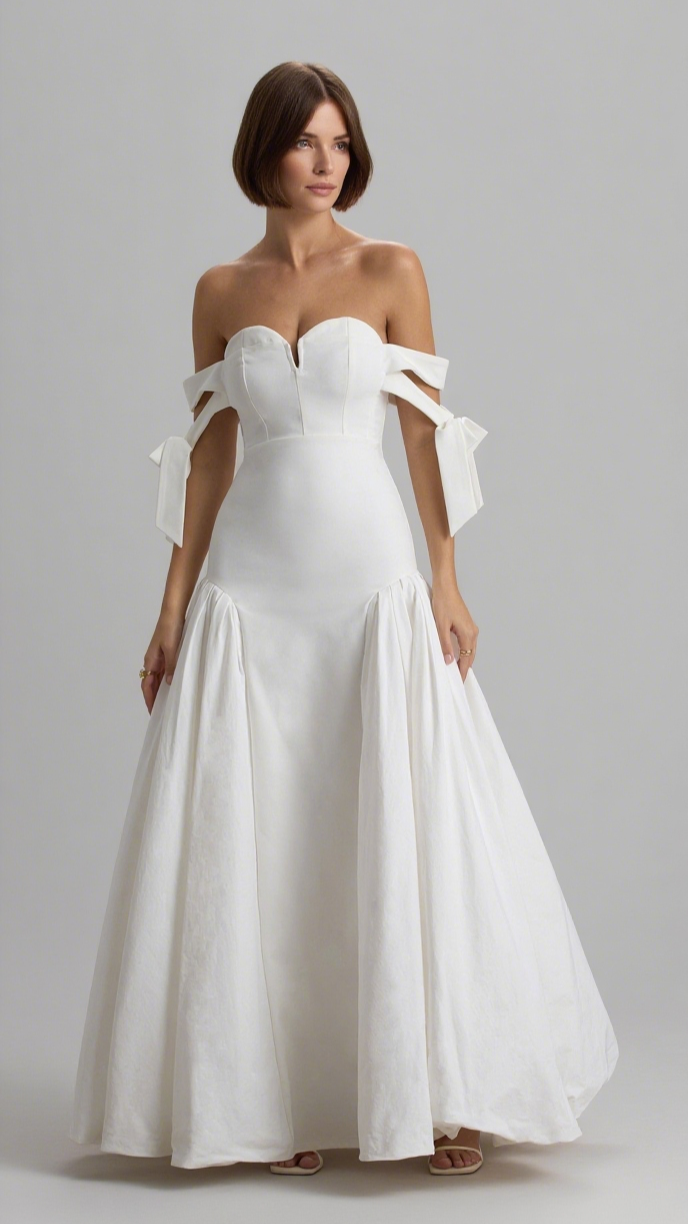 ETHEL | WHITE & CREAM BARDOT MAXI DRESS WITH VOLUME SKIRT