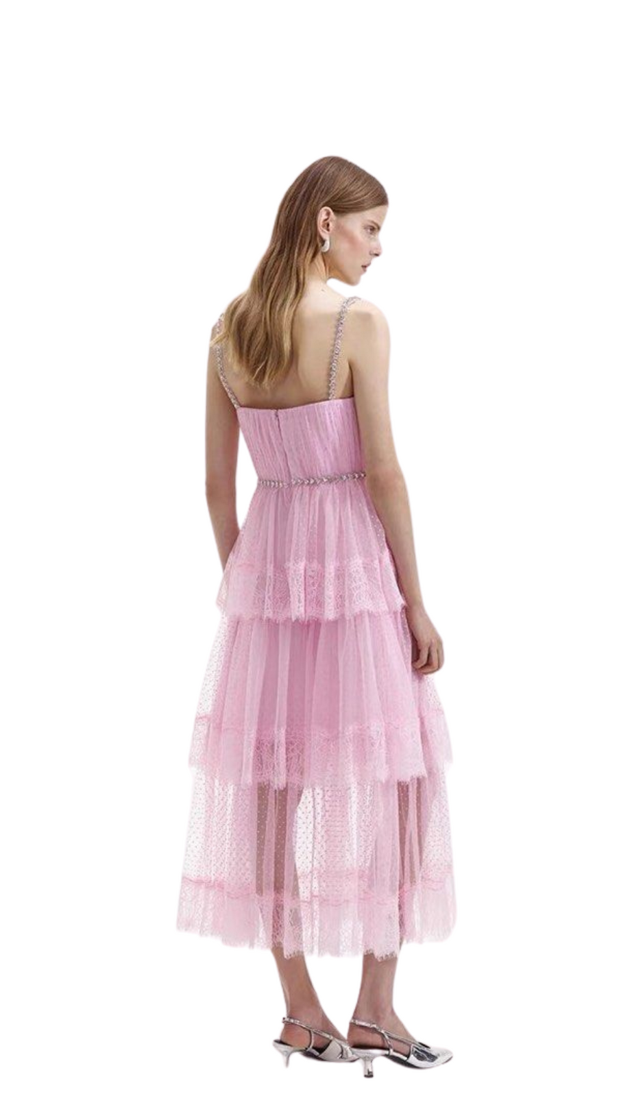 ELGINE CRYSTAL-EMBELLISHED LACE-TRIMMED MIDI DRESS