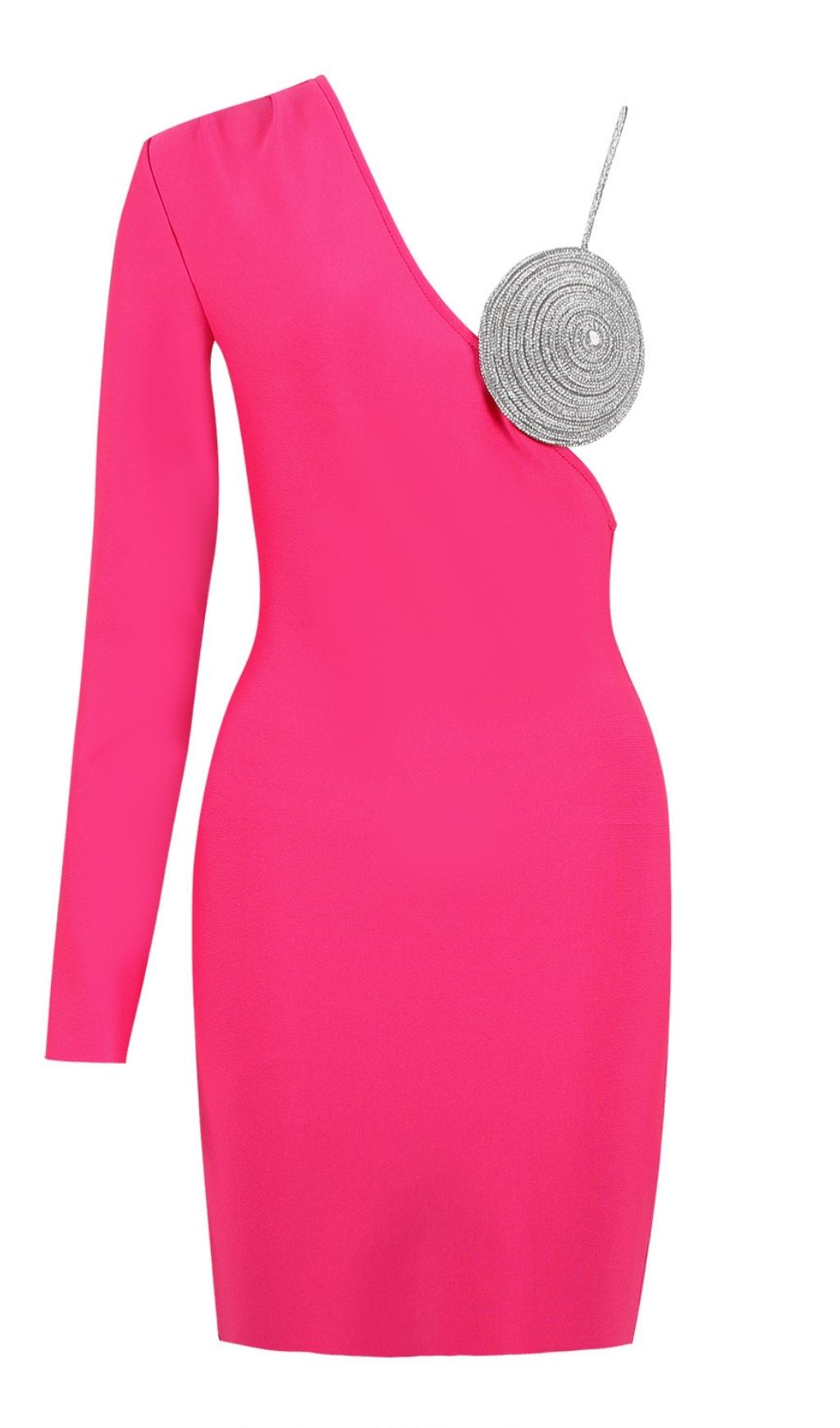 SCHWARZES MINIKLEID MIT EINER SCHULTER UND KRISTALL